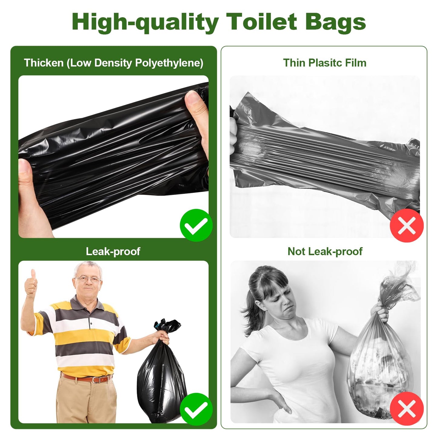60 Portable Toilet Bags with Poo Gel Set, 8 Gallon Camping Toilet Bags with Absorbent Gels, Waste Bags, Leak-Proof Trash Bag for Camping Potty, Traveling