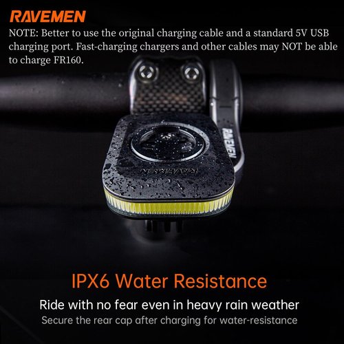 RAVEMEN FR160 Compatible with Wahoo Cycle Computers, IPX6 Waterproof Bike Backup Headlight with 160 Lumens Warning Flashing Mode for Being Seen (QTM01 Included)