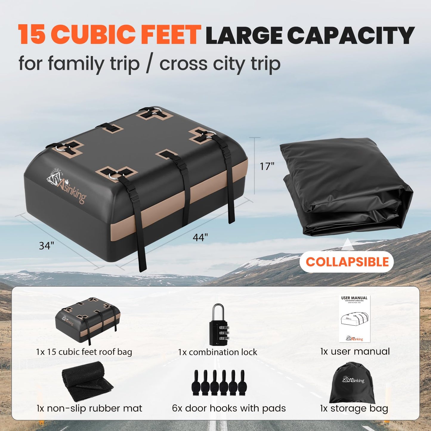 Asinking Car Rooftop Cargo Carrier Bag, 15 Cubic Feet Waterproof Roof Cargo Bag for Sedan SUV Minivan, Fit Vehicles with/Without Roof Rack, Sidebars & Crossbars - Max Size 44" L x34 W x17 H