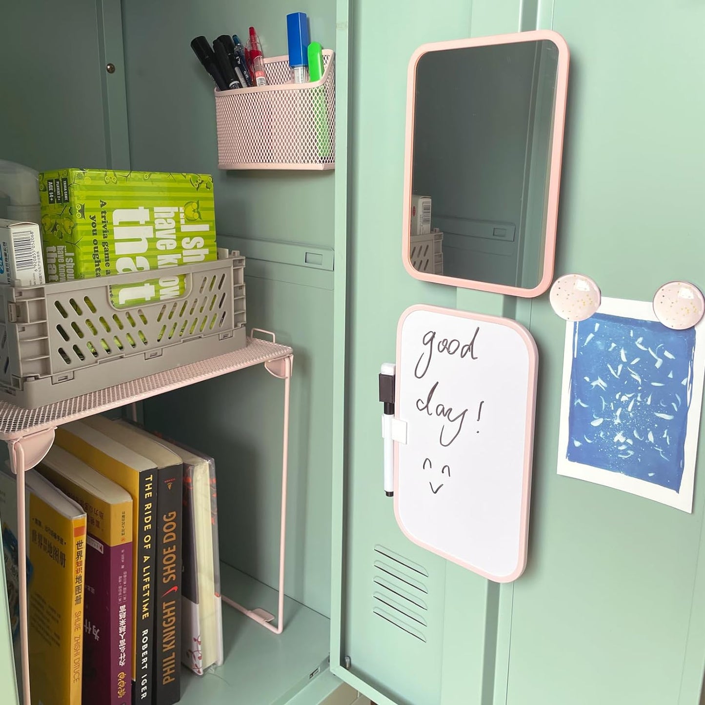 Pink Locker Accessories with Locker Shelf, Magnetic Mirror, Magnetic Pen Holder, Magnetic Small Whiteboard, Back to School Essentials Locker Decorations, 7 Piece Locker Organizer for Work
