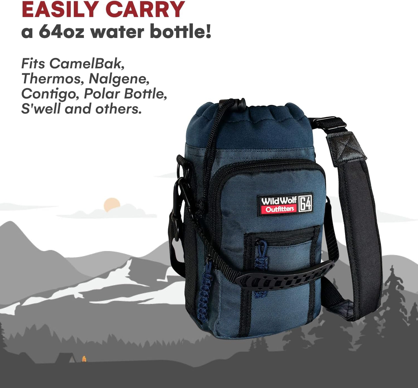 Wild Wolf Outfitters - #1 Best Water Bottle Holder for 64 oz Bottles - Carry, Protect and Insulate Your Flask with This Military Grade Carrier w/ 2 Pockets and an Adjustable Padded Shoulder Strap.