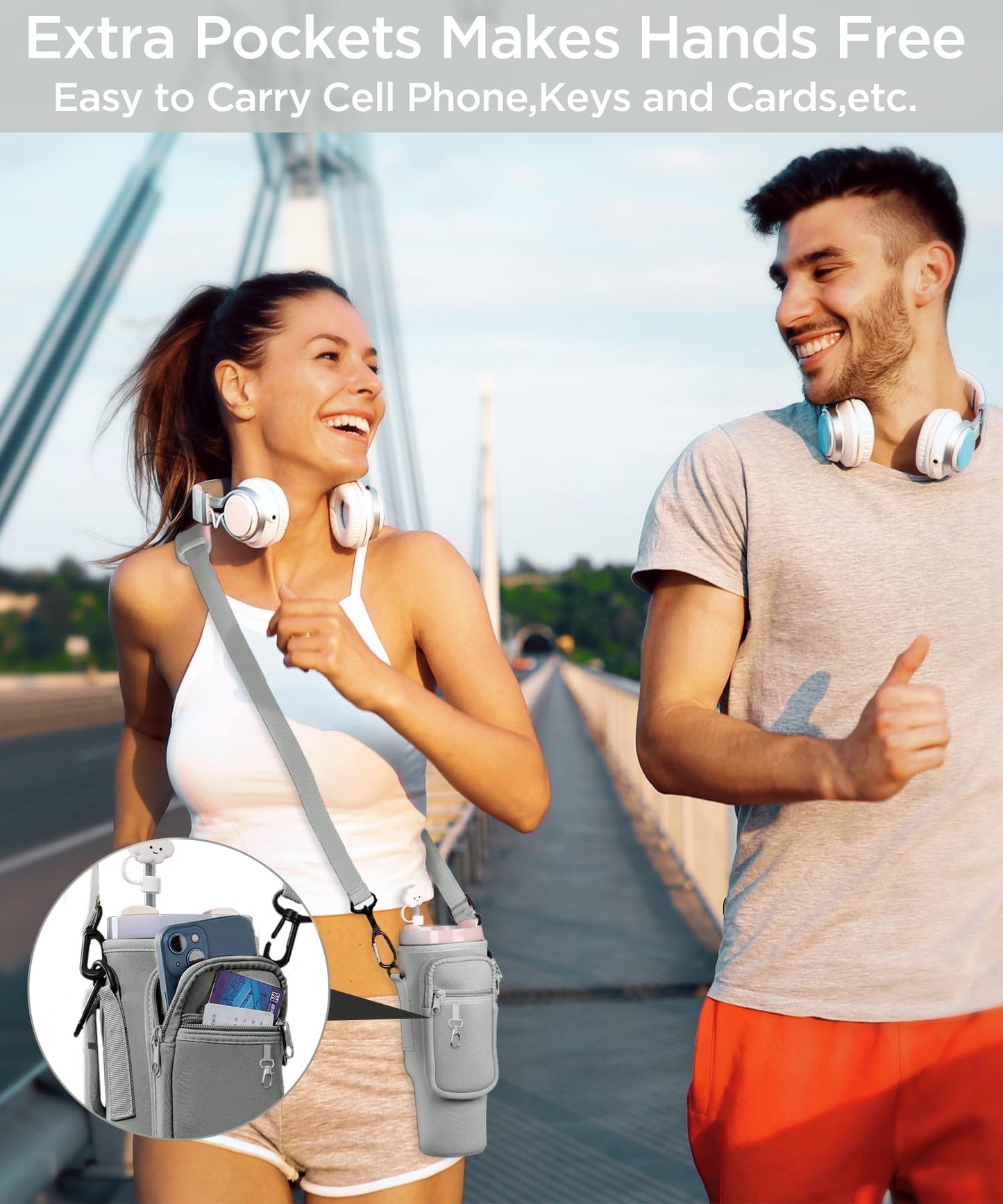 40OZ Water Bottle Carrier Bag with Phone Pocket Gray+Pink Leopard