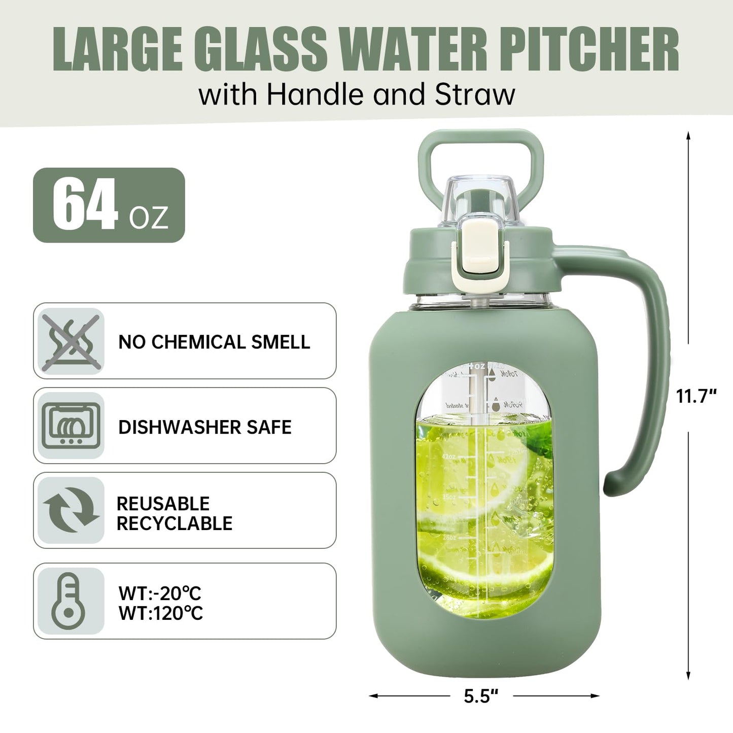 64 oz Glass Water Bottle with Straw and Handle Half Gallon Water Jug with Silicone Sleeve Large Water Bottle for Office, Gym, Outdoor Sports