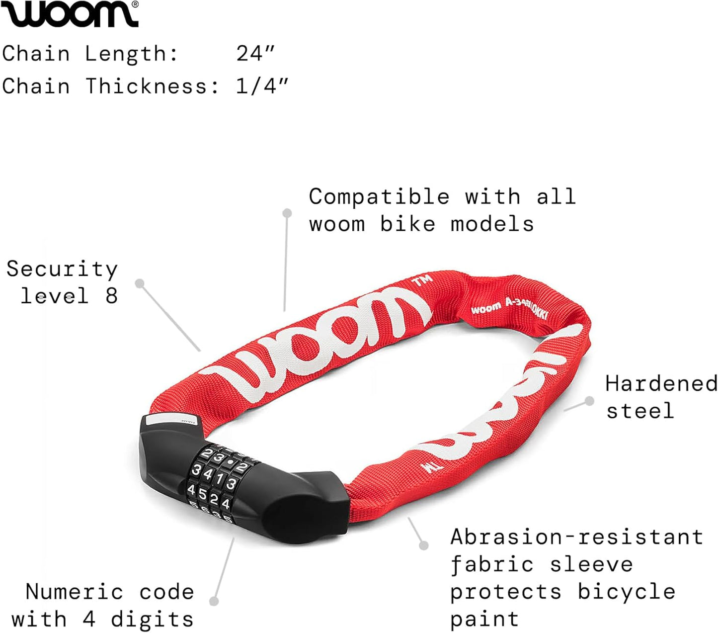 woom Lokki Bike Lock, Combination Children’s Bicycle Cable Lock, Hardened Steel Chain Safety Lock (24” Chain)