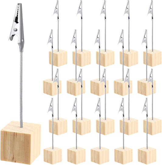 20 Pcs Cube Base Memo Clip Holder with Alligator Clip Wood Table Number Holder Cube Base Place Card Stand Mini Photo Menu Stand for Displaying Number Card(Wood Color)
