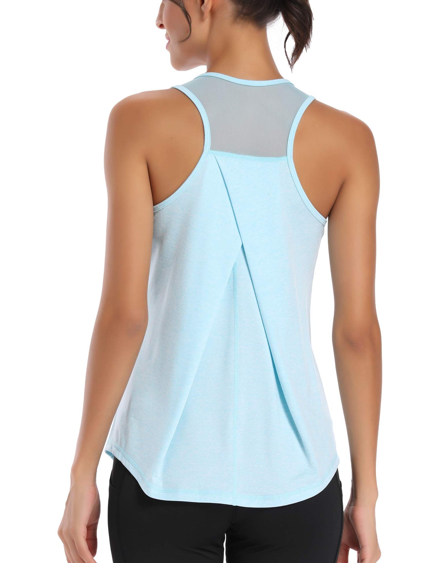 Aeuui Workout Tops for Women Mesh Racerback Tank Yoga Shirts Gym Clothes Light Blue, Large