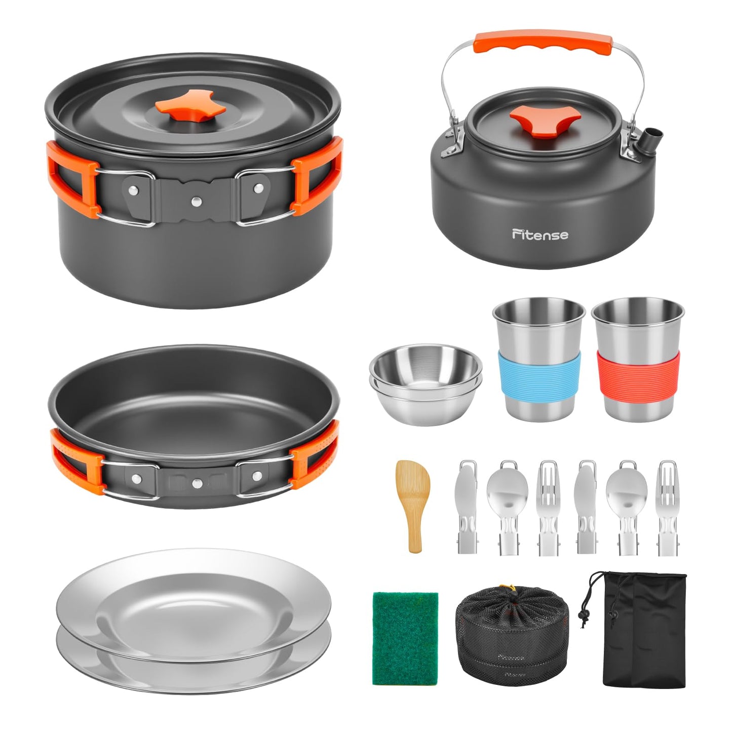 Fitense 22Pcs Camping Cookware Mess Kit for 2, Lightweight Camping Kitchen Pots and Pans Set, Portable Camping Essentials for Backpacking, Camping Cooking Hiking and Picnic