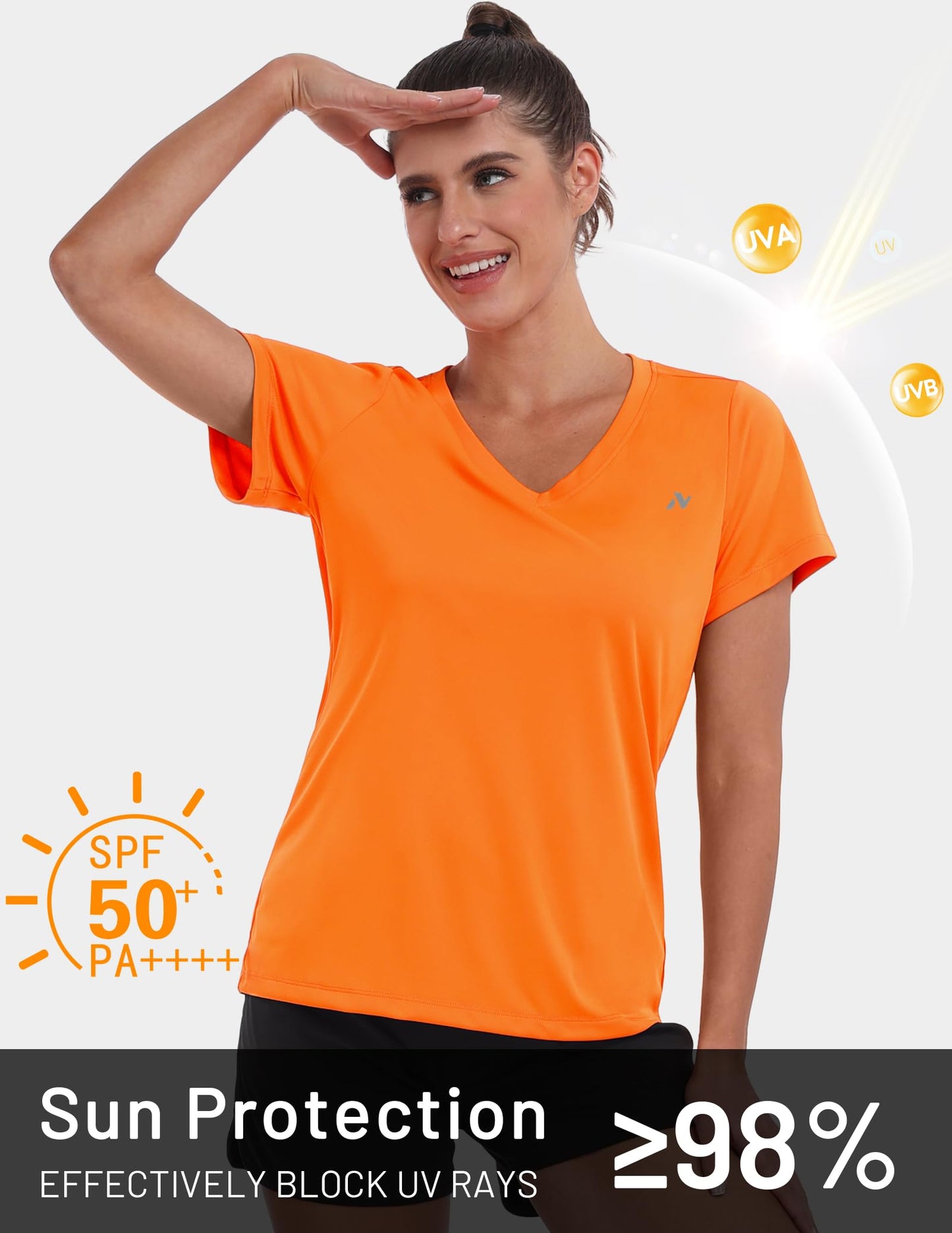 Nepest Women's Short Sleeve Quick Dry T-Shirt V-Neck UPF 50+ Tops Athletic Running Performance Shirts Orange L