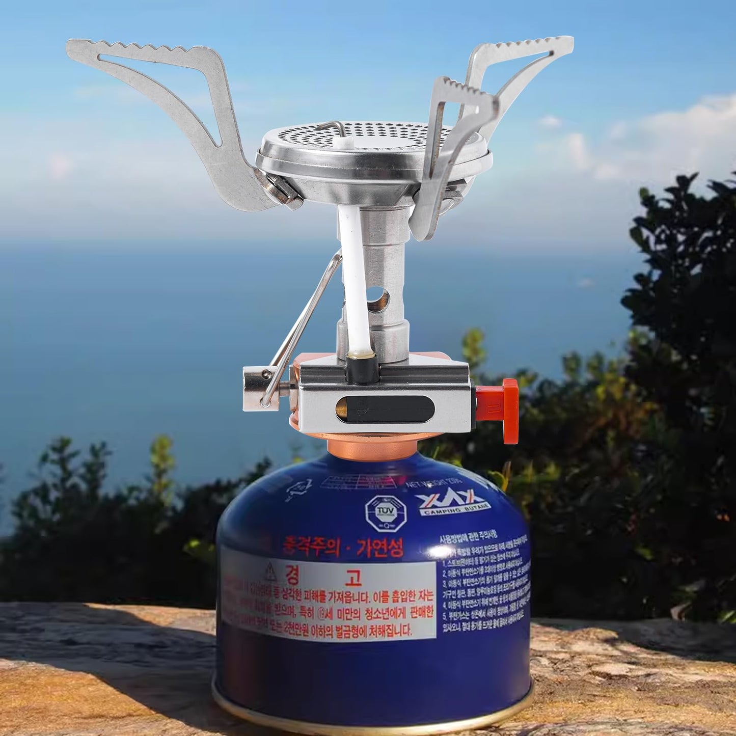 Generic Portable Camping Gas Stove with Piezo Ignition with Carrying Bag, Lightweight Windproof Butane Adapter 3200W Propane Tank Gas Stove for Outdoor Cooking, Picnic, Camping, Hiking, 1, silver