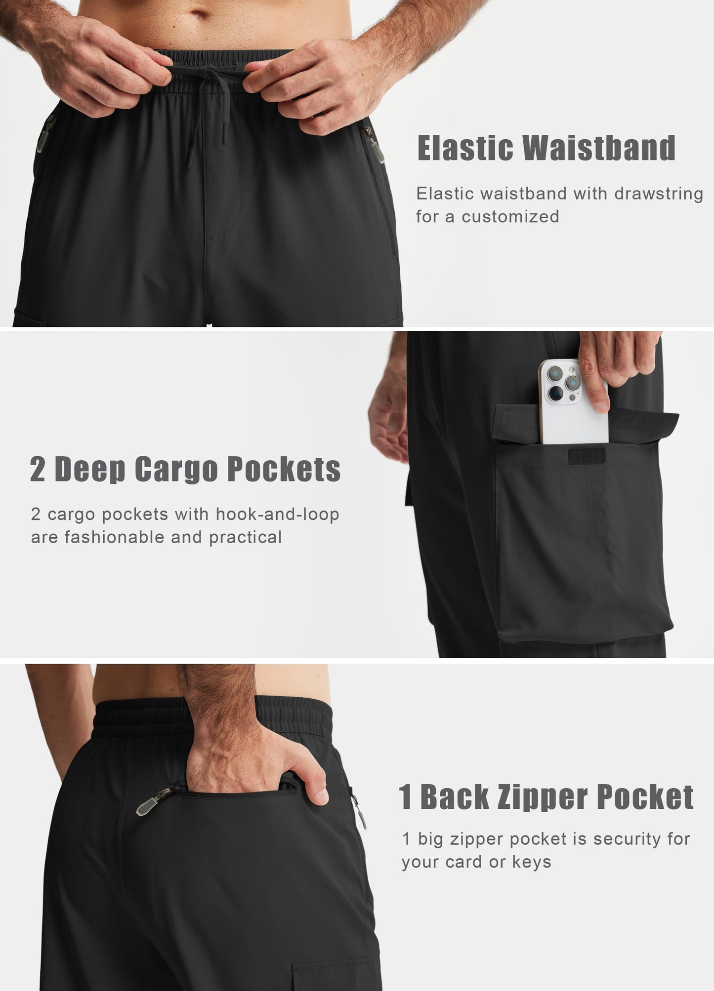 Men's Elastic Waist Hiking Pants Lightweight Quick Dry Cargo Track Pants Water Resistant Travel Outdoor Sweatpants Jogging Athletic Clothes with Zipper Pockets Black L