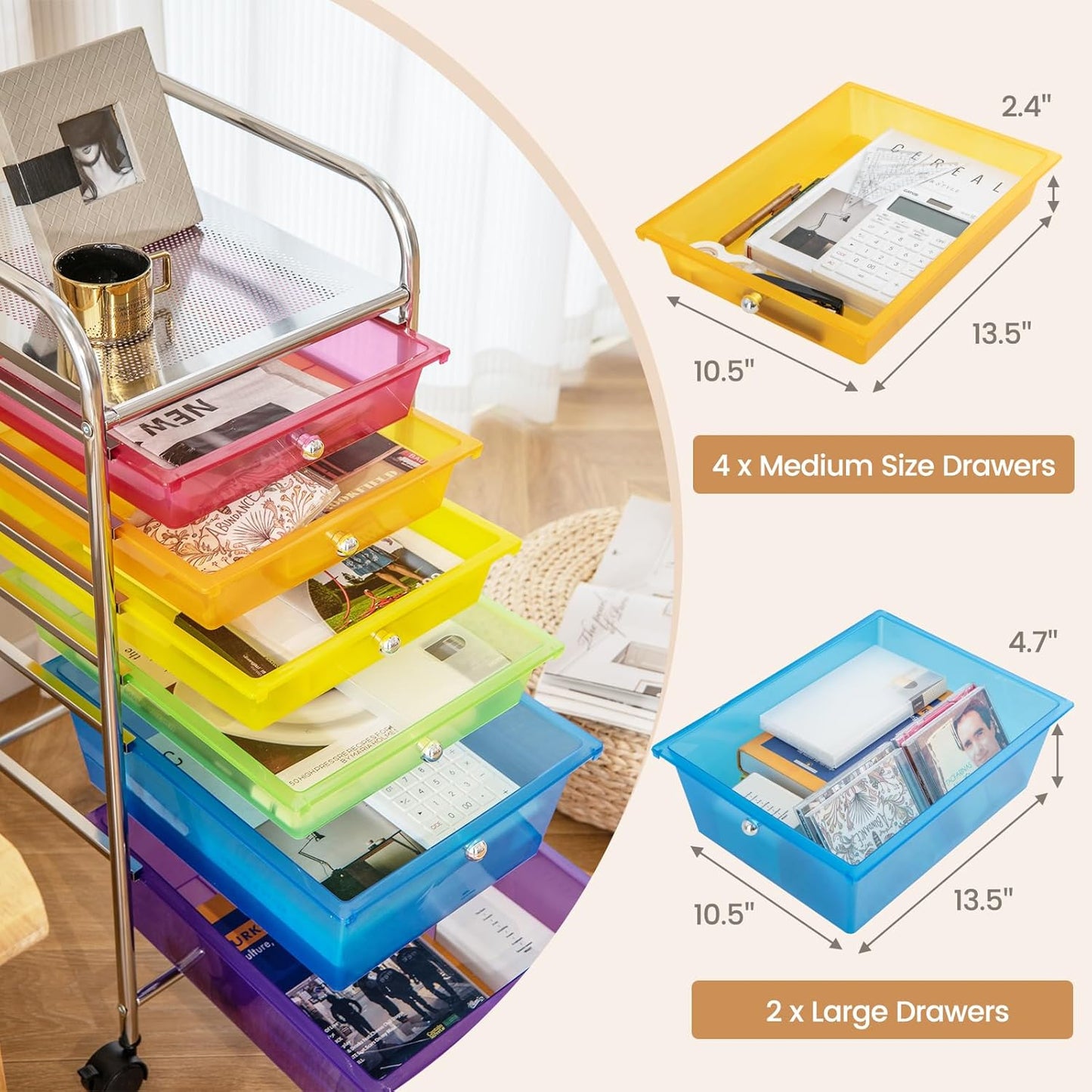RELAX4LIFE 6-Drawer Rolling Storage Cart - Classroom Organization on Wheels w/Removable Plastic Drawers, Mobile Art Craft Cart for School Paper Home Office, Utility Cart with Drawers (Macaron)