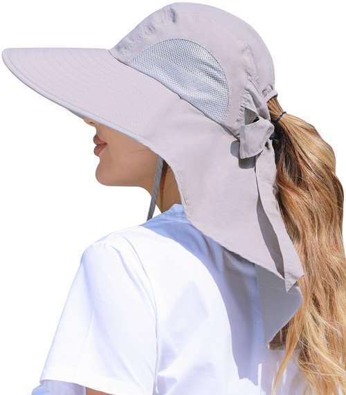 SENWAI Womens Sun Hat Outdoor UV Protection Wide Brim Fishing Hat with Ponytail Hole Neck Flap for Beach Hiking Camping, Light Gray