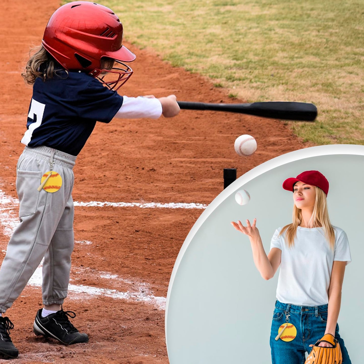 18 Sets Baseball Softball Acrylic Keychain Blanks Kit, AUHOKY 18Pcs Acrylic Baseball Blanks with 18 Miniature Softball Wood Bat, 18 Swivel Snap Keychain Hooks, 2 Pen for DIY Sports Party Favor(Yellow)
