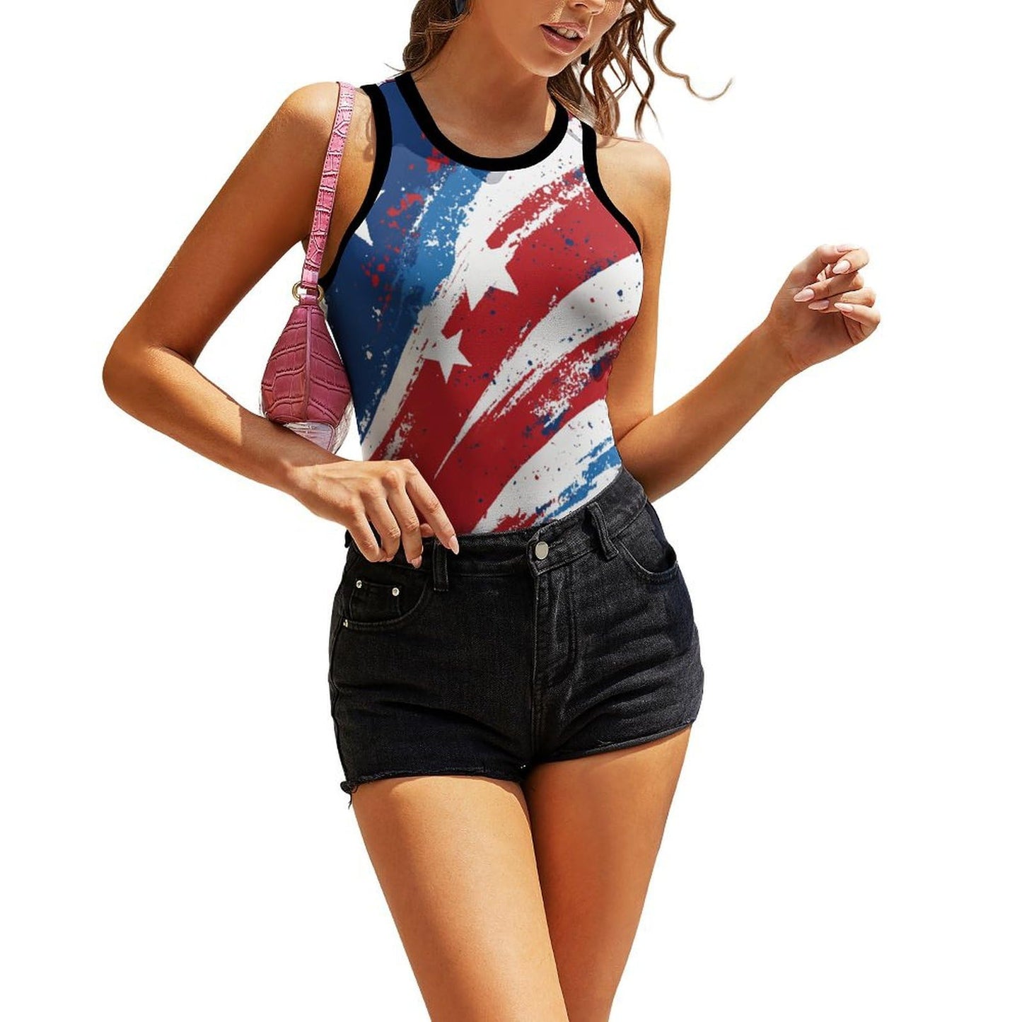 Costaric 4th of July Tops for Women Sleeveless America Flag Print Sexy Stretch Tight Tank Shirt Crew Neck Slim Fitted Vest T-Shirt Trendy Casual Summer Vacation Holiday Tee