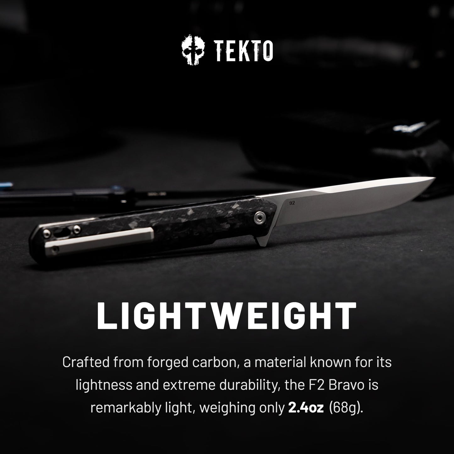 TEKTO F2 Bravo Folding Knife Pocket - D2 Steel Blade, Ceramic Ball Bearings - EDC - Snap, Swift Flip - Camping, Backpacking - 2.4oz (68g), Forged Carbon Handle, Silver Titanium Accents