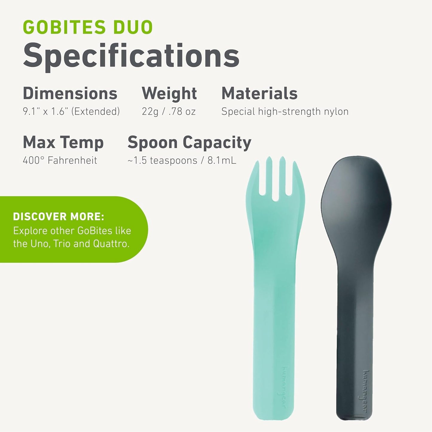 GoBites Duo Travel Silverware Set - Full Size Portable Fork & Spoon, BPA-Free, Food-Safe Utensils