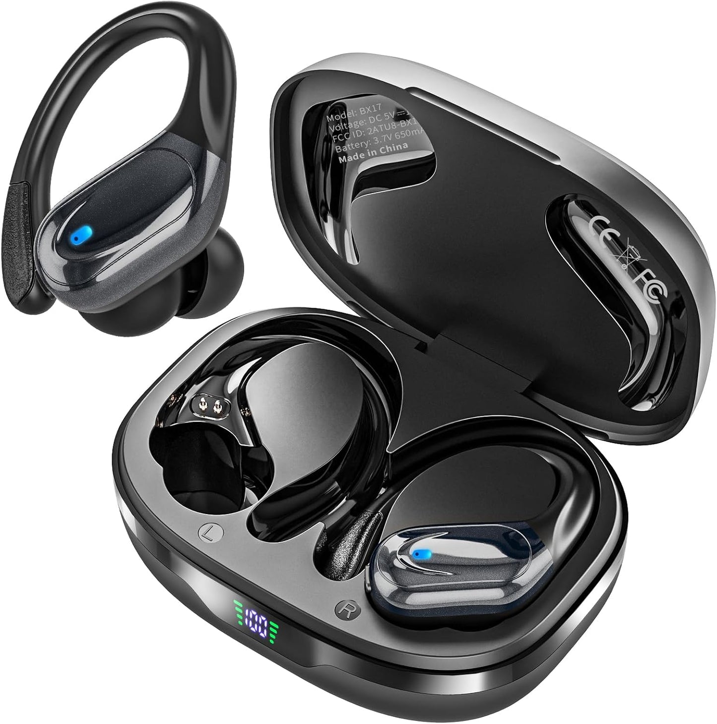 Wireless Earbuds, Sports Bluetooth Headphones, 80Hrs Playtime Ear Buds with LED Power Display, Noise Canceling Headset, IPX7 Waterproof Earphones for Workout/Running Black