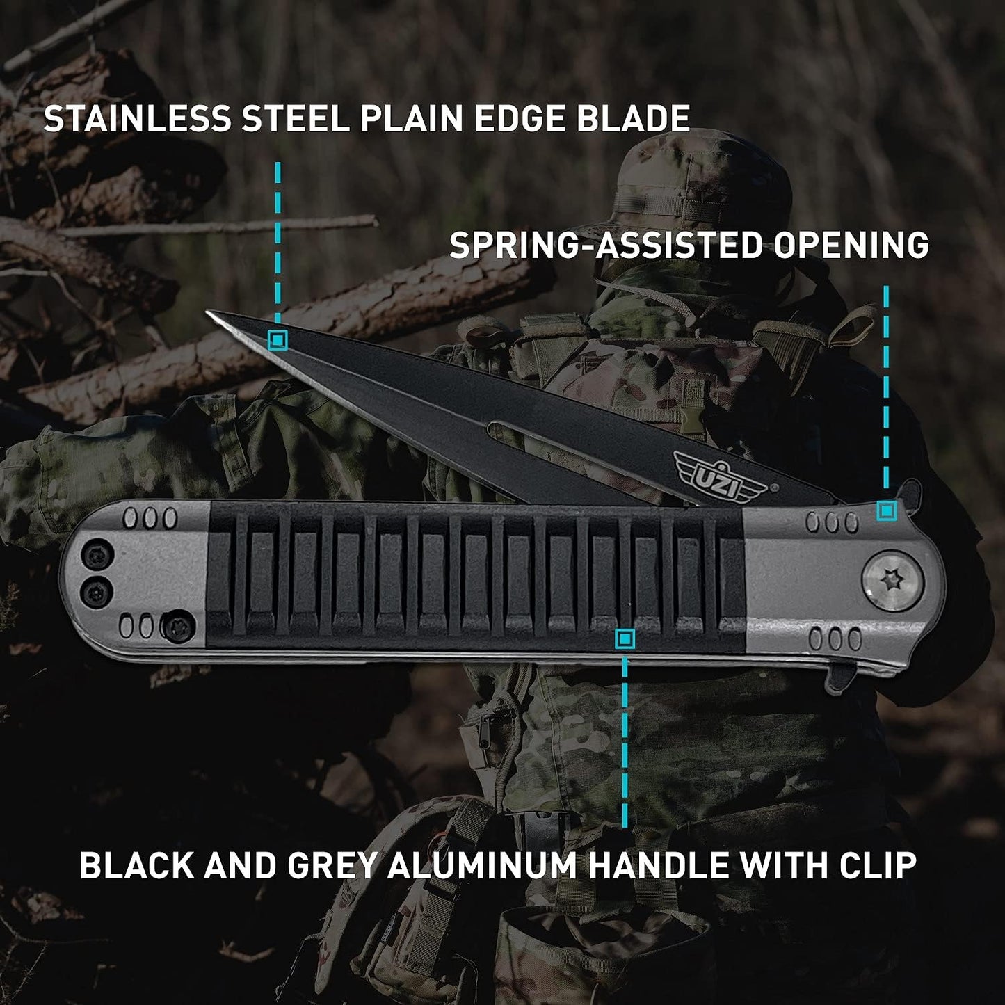 Uzi UZK-FDR-009 Covert Folding Knife with Straight Edge Stainless Steel Blade and Aluminum Handle with Metal Clip and Spring Assist, Survivor Tool, for Outdoor Trips, Camping, Fishing, Hunting, Black
