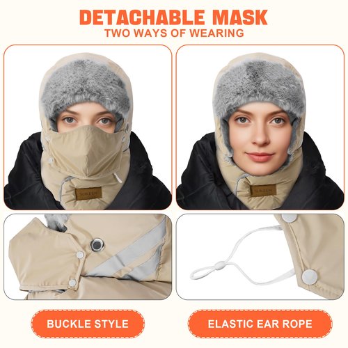 Sukeen Trapper Hats Windproof Winter Hat Water Repellent‌ Warm Hat Lightweight Earflap Hat with Mask for Cold Snow Weather
