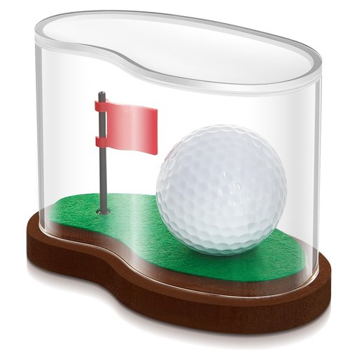 Soaoo 3.94 x 2.95 x 3.43 Inches Golf Ball Display Case Protected Golf Ball Transparent Holder Storage Box Clear Acrylic Shaped Design Golf Ball Case with Flag and Wood Base for Golf Ball Enthusiasts