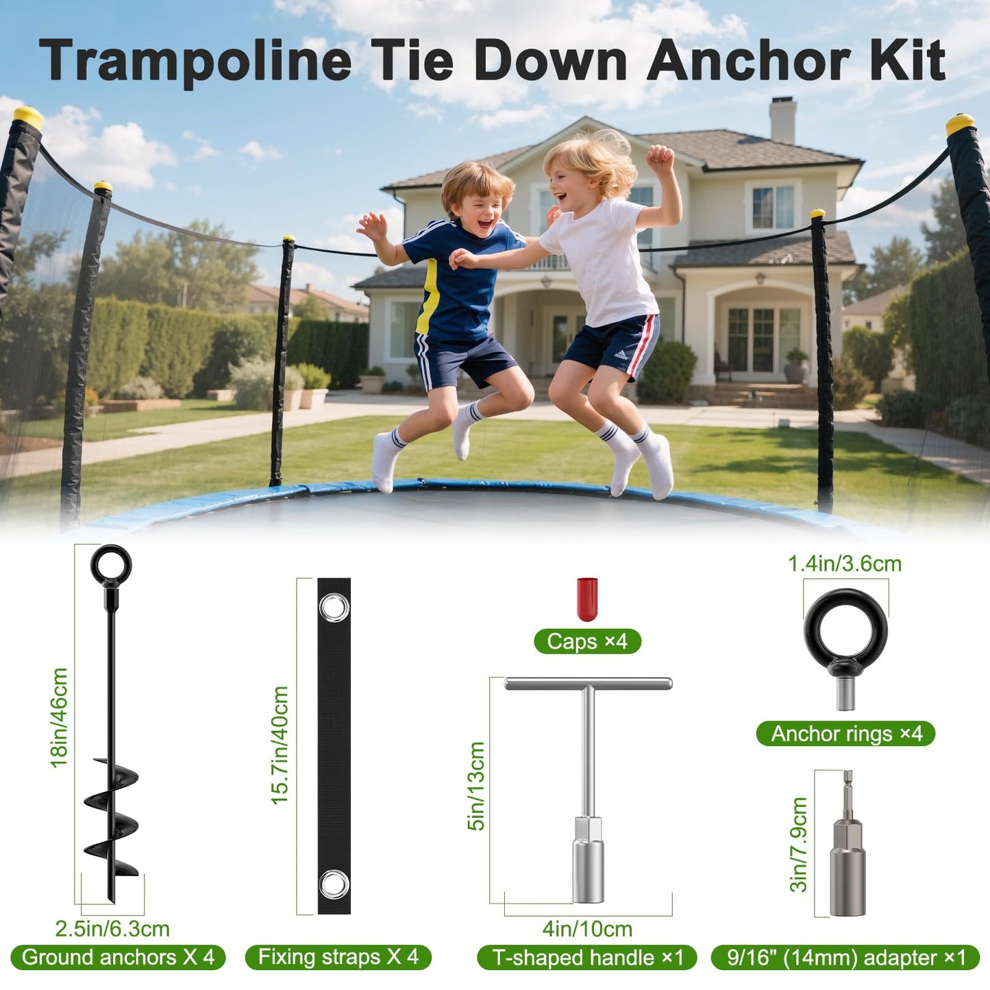 Housolution 18" Trampoline Stakes, 4 Pack Heavy Duty Ground Anchors with Safety Belts, Trampoline Accessories Resist High Wind, Ground Stakes for Camping Tents, Trampolines, Canopies, Swing Set, Shed