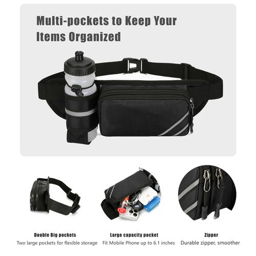 YIXIUTEN Fanny Pack with Water Bottle Holder for Men Women – Large Hiking Fanny Pack with Adjustable Strap Belt for Cycling Hiking Dog Walking Outdoor, Water Resistant Pack Black(Bottle Not Included)