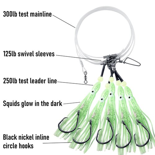 Dr.Fish Deep Drop Rigs 6ft Glow Squid Rig Lures for Saltwater, Halibut Bottom Fishing Surf Trolling Lure for Stripers Trout Tuna Tilefish 6/0 X 5
