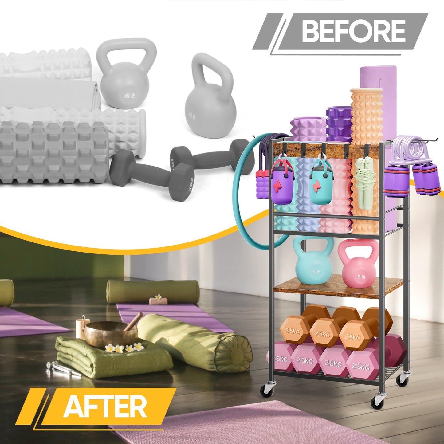 Home Gym Storage Rack, Heavy Duty Yoga Mat Holder Workout Equipment Storage Organizer Weight Rack with Hooks & Wheels for Dumbbells Kettlebells Dumbbell Yoga Block Foam Rollers Yoga Strap Resistance