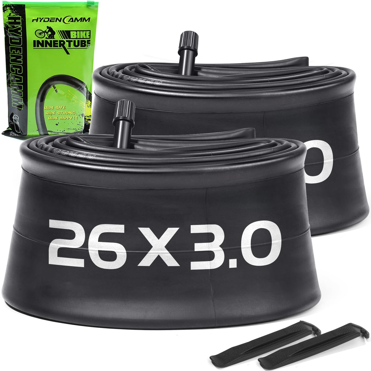 2 Pack 26x3.0 Fat Bike Tube with AV 32mm Valve, Premium Butyl Rubber 26 x 3.5 Fat Tire Bike Tubes with 2 Tire Levers, 26x3.0 Bike Tube for Road/MTB/E Bike by Hydencamm