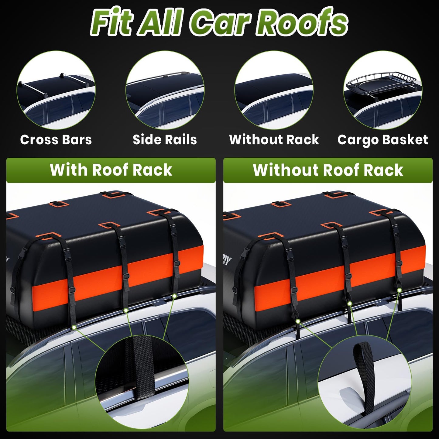 APTY 21 Cubic Feet Car Rooftop Cargo Bag Carrier, Soft Roof Top Luggage Bag for All Vechicles with/Without Rack - with Waterproof Zip, Anti-Slip Mat, Luggage Lock, Storage Bag, Door Hooks, Orange