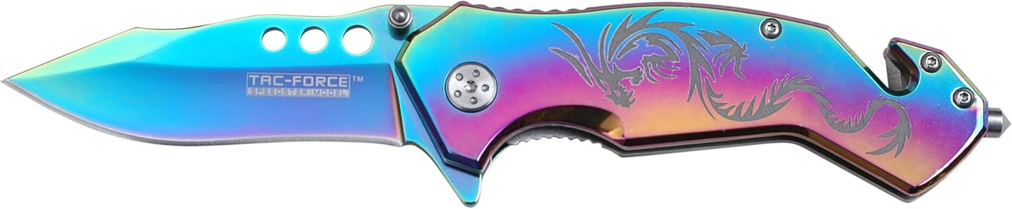 Tac-Force Folding Pocket Knife – Rainbow TiNite Coated Stainless Steel Blade and Handle with Etched Dragon, Rope Cutter, Glass Punch, Pocket Clip, Tactical, EDC, Rescue - TF-759RB