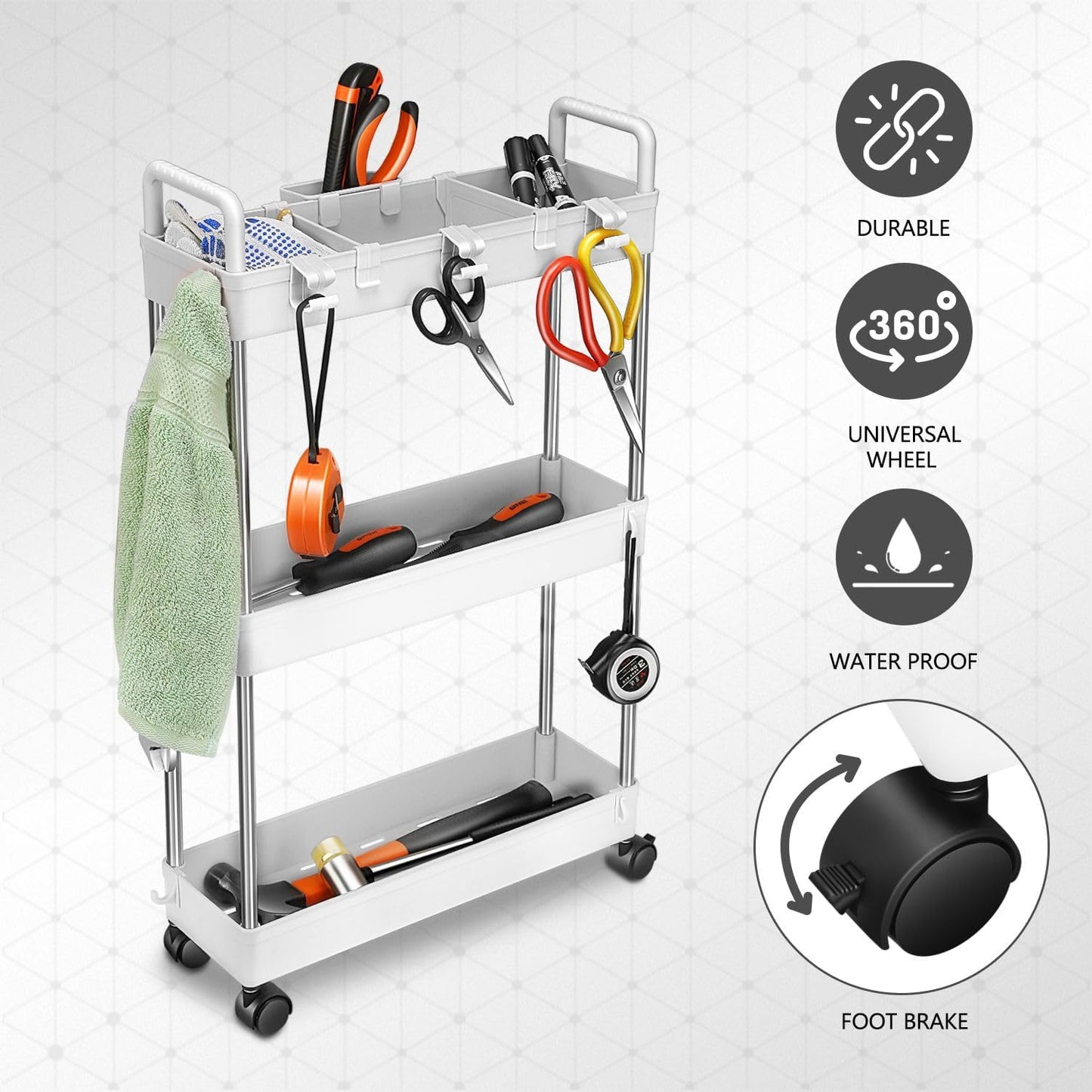 DNA MOTORING 3 Tier Slim Rolling Storage Cart, Plastic Utility Cart Organizer, Mobile Shelving Unit Utility Cart for Garage, Warehouse, Kitchen, Bathroom, Narrow Space, w/Wheel, White, TOOLS-00797-WH