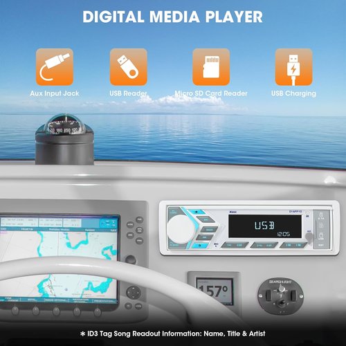 Bluetooth Marine Stereo Single Din - Boat Radio Receiver - Digital LCD Screen AM FM USB 2.1 A Charging AUX-in 4 Volts Preamp Outputs 2 Subwoofer Ports Remote Control