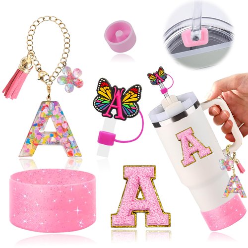 Stanley Cup Accessories Set of 6 PCS, Pink Glitter Letter Theme with Keychain, Butterfly Straw Topper, Silicone Boot, Patch & Cup Decor Kit,Water Bottle Carrier Set (Tumbler Not Included)