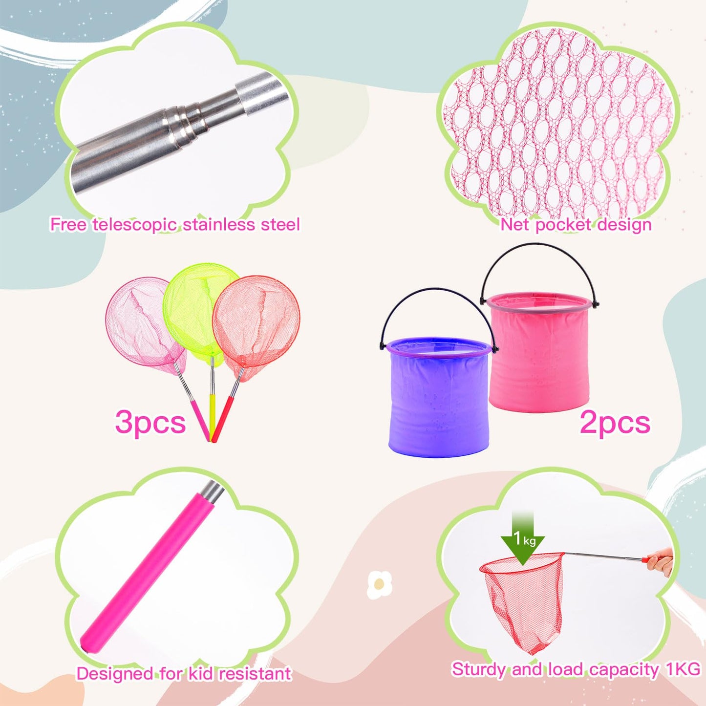 3PCS Kids Fishing Net with Bucket, Telescopic Fishing Net with Handle, Small Fishing Butterfly Net, Kids Fish Butterfly Catching for Catching Insects Fishing, Nature Exploration Toys