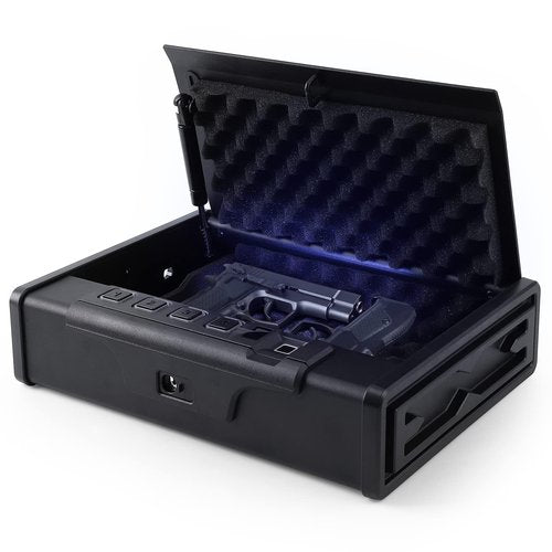 Towallmark Biometric Gun Safe for Pistols, Quick Access Firearm Safety Handgun Safe with Fingerprint Identification Digital Keypad Key and Mute Mode for Bedside Nightstand Drawer Car