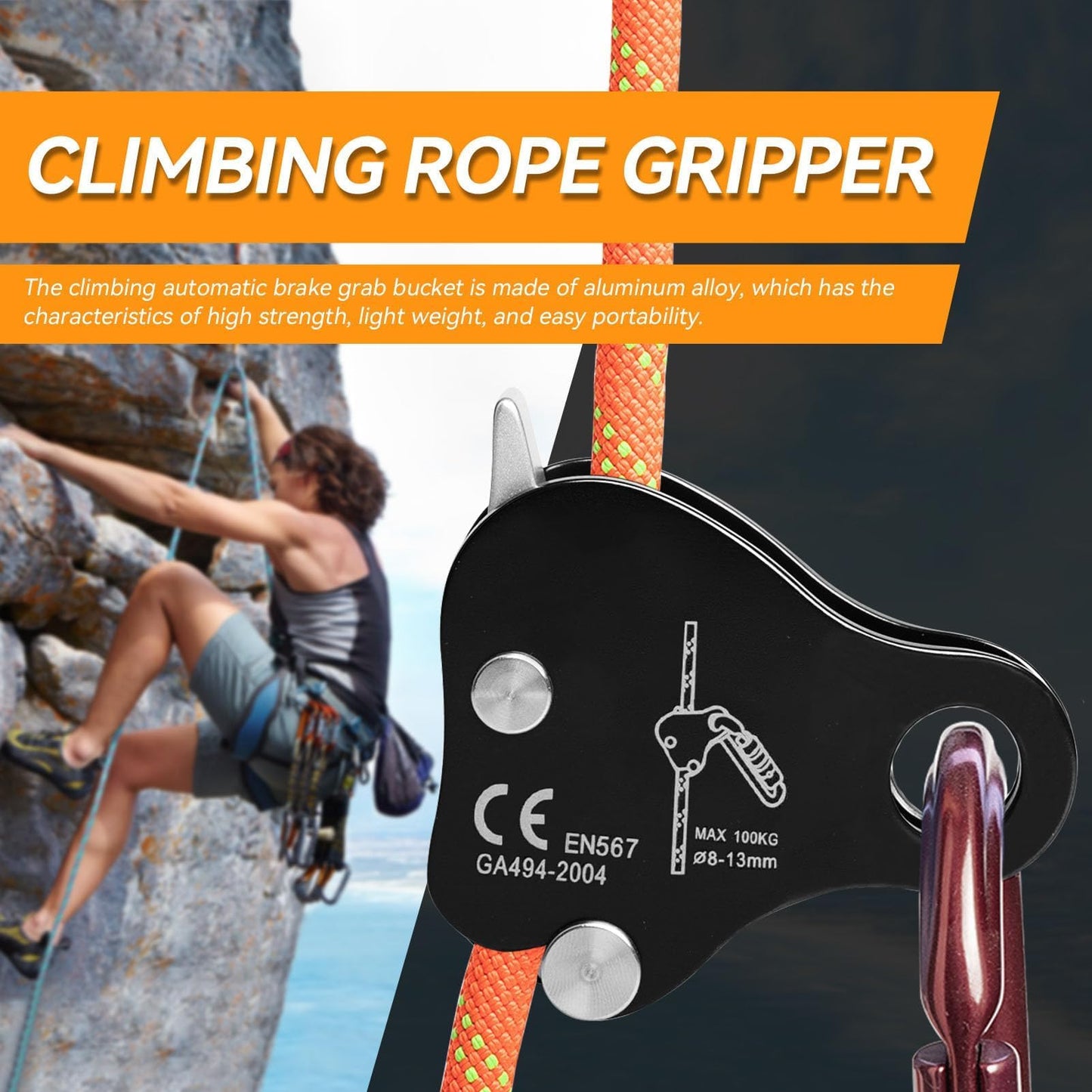 HERCHR Climbing Rope Grab Ascender Riser Adjuster, Self Locking Stop Descender 8‑13mm Climbing Rope Grab Stopper Rescue Rappel Ring Climbing Gear Rocking Fall Arrest Protection Belay Device(Black)
