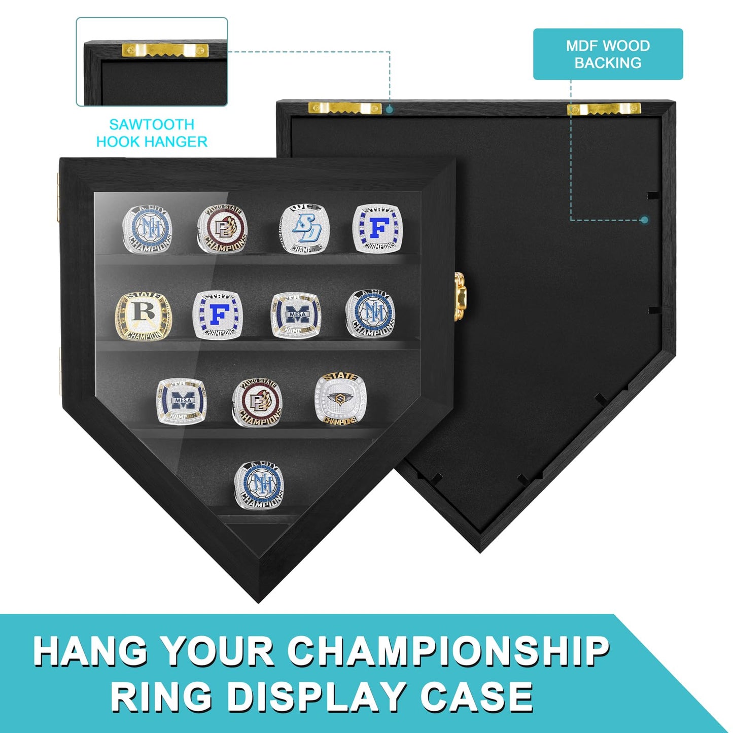 Championship Ring Display Case 12 Ring Posts, Sports Ring Wooden Shadow Box with HD Grass Door 98% UV Protection, Wall Mount Rings Holder for Baseball Basketball Award Rings Champion Souvenirs