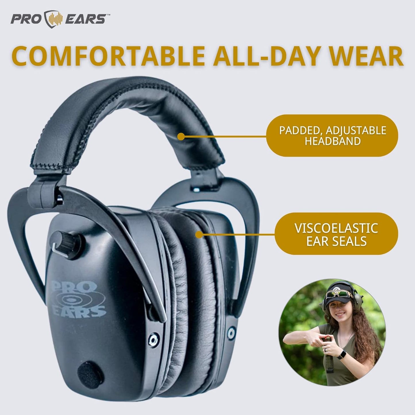 Pro Ears Pro Tac Slim Gold Ear Muffs, Military Grade Electronic Hearing Protection & Amplification, DLSC Tech, Made in USA