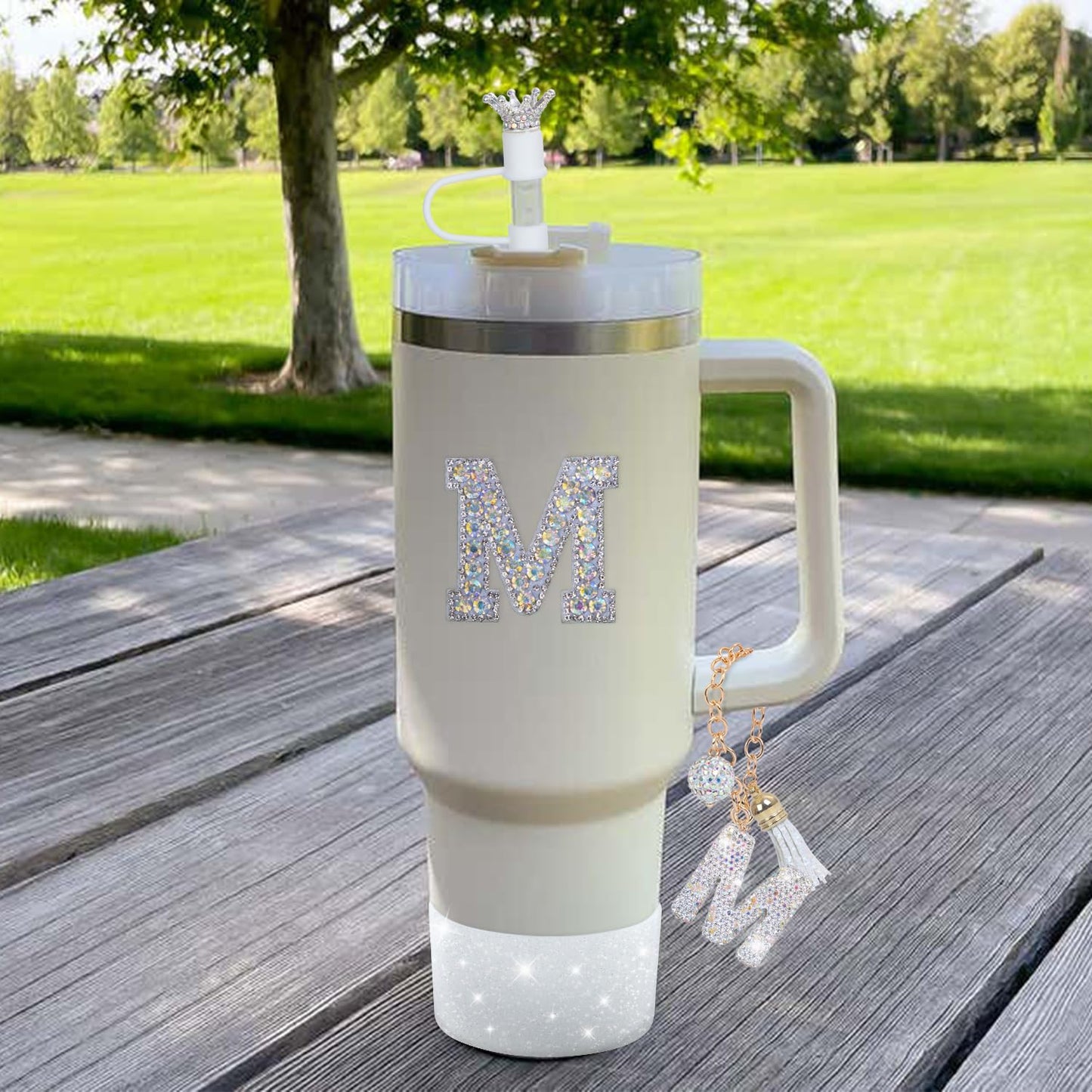 foci cozi Letter Charms for Stanley Cup Handle,Silicone Boot Accessories Charms for Stanley Cup 40oz 30oz,Crown Straw Cover Topper & Diamond Sticker(M)