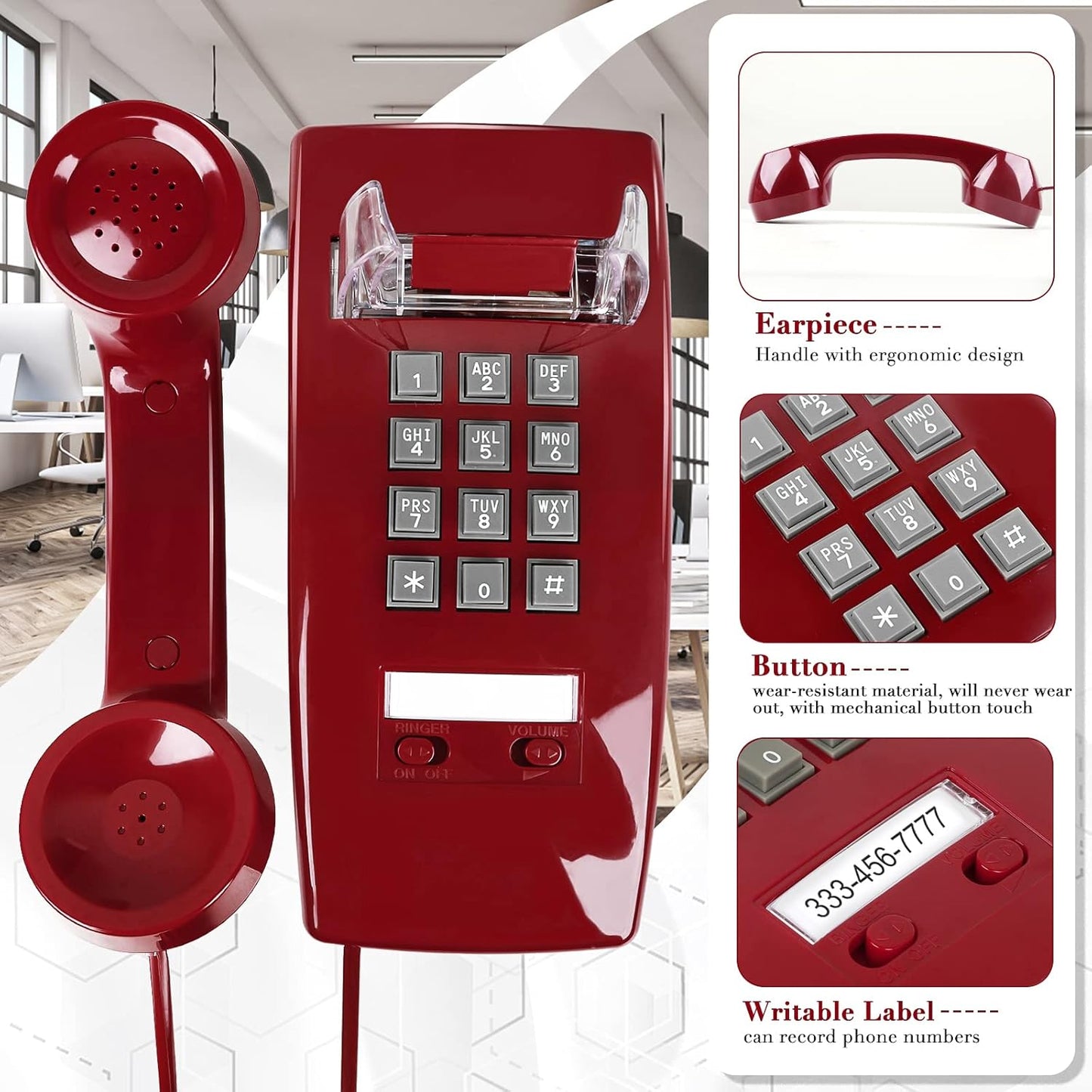 Wall Phone with Classic Design,Corded Wall Phone,Crisp Mechanical Ringer,Easy to Install, Retro Phone, Perfect for Kitchen,Living Room & Bedroom (Beige)