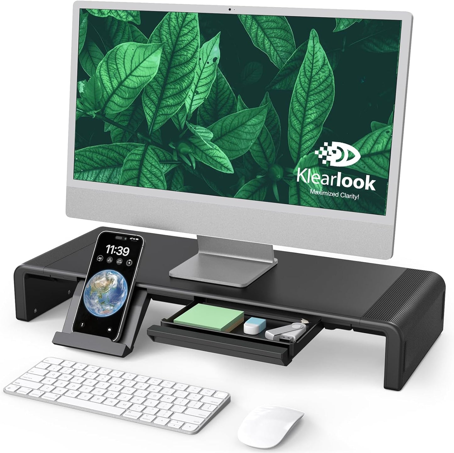Monitor Stand Riser, Klearlook Foldable, Height Adjustable Computer Stand, Desk Shelf Riser with Storage Drawer &Tablet Phone Stand for Desktop, Laptop (White)