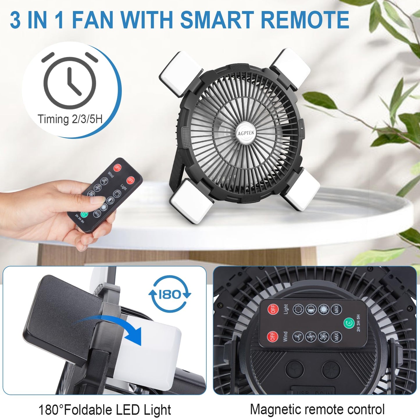 AGPTEK Portable Outdoor Fan - 8000mAh Rechargeable Battery with LED Light Lantern & Hook, Ideal for Picnics, BBQ, Fishing, Travel & Camping