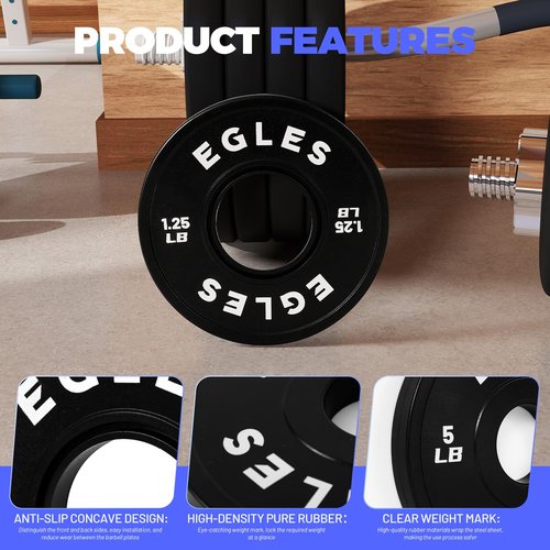 EGLES Change Plates Pair 1.25LB Black Rubber Coated Weight Plates in Pairs Olympic Bumper Plates Fit 2-Inch Barbells Strength Training Plates Gym & Fitness Change Weight Plates