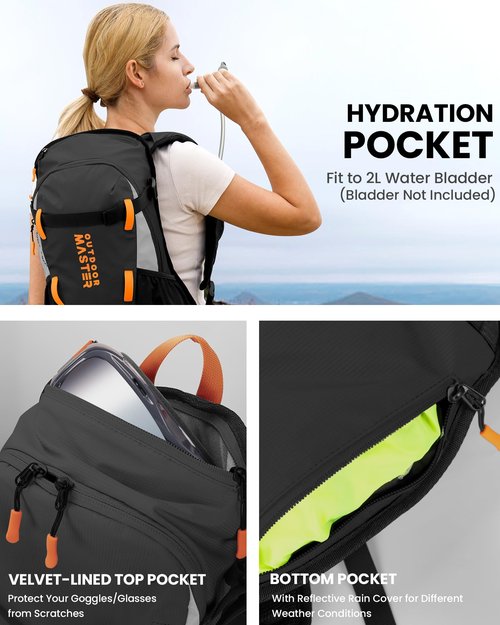 OutdoorMaster Snow Hydration Pack, 18L Travel Daypack for Snowboard, Ski, Hiking, Cycling - Made from Recycled Materials - Black