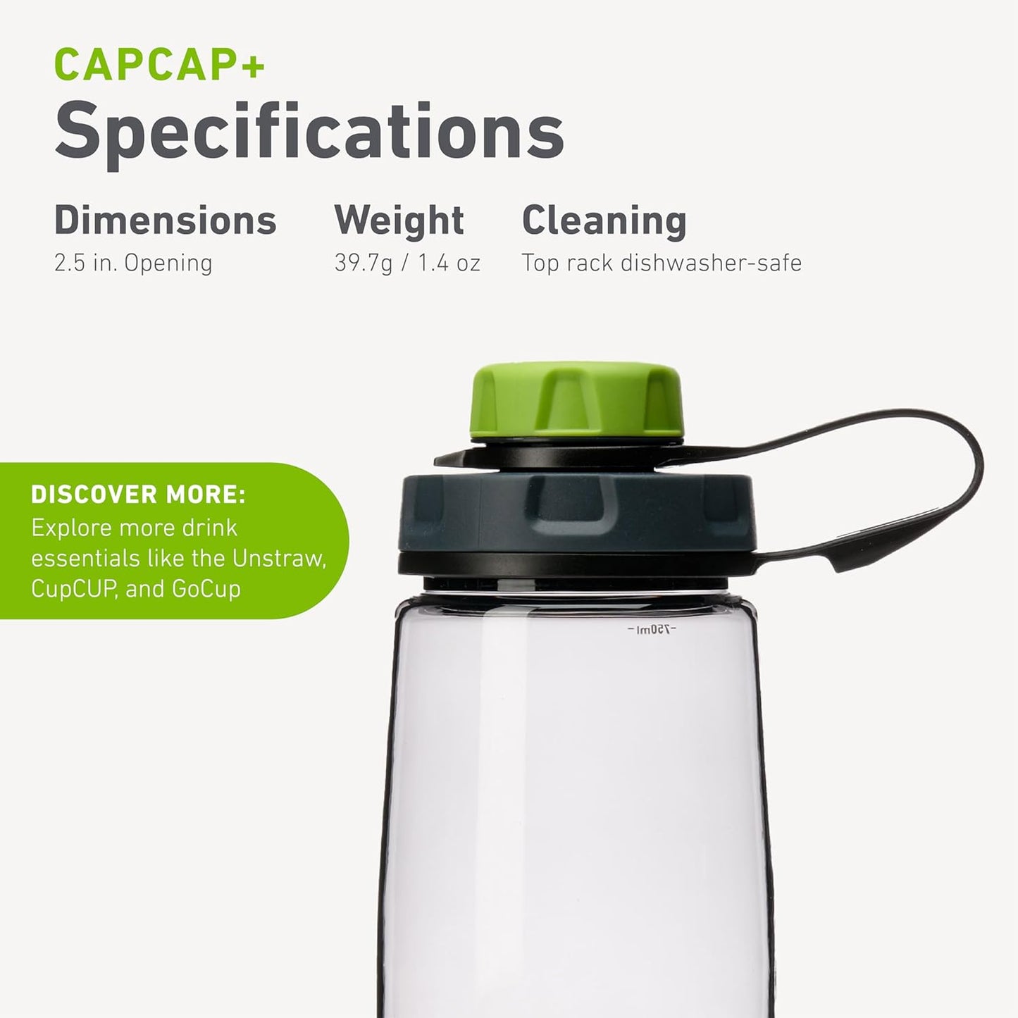 humangear capCAP+ | Converts Wide-Mouth Openings | Secure Easy Open | Food-Safe Material | Water Bottle Accessory Lid