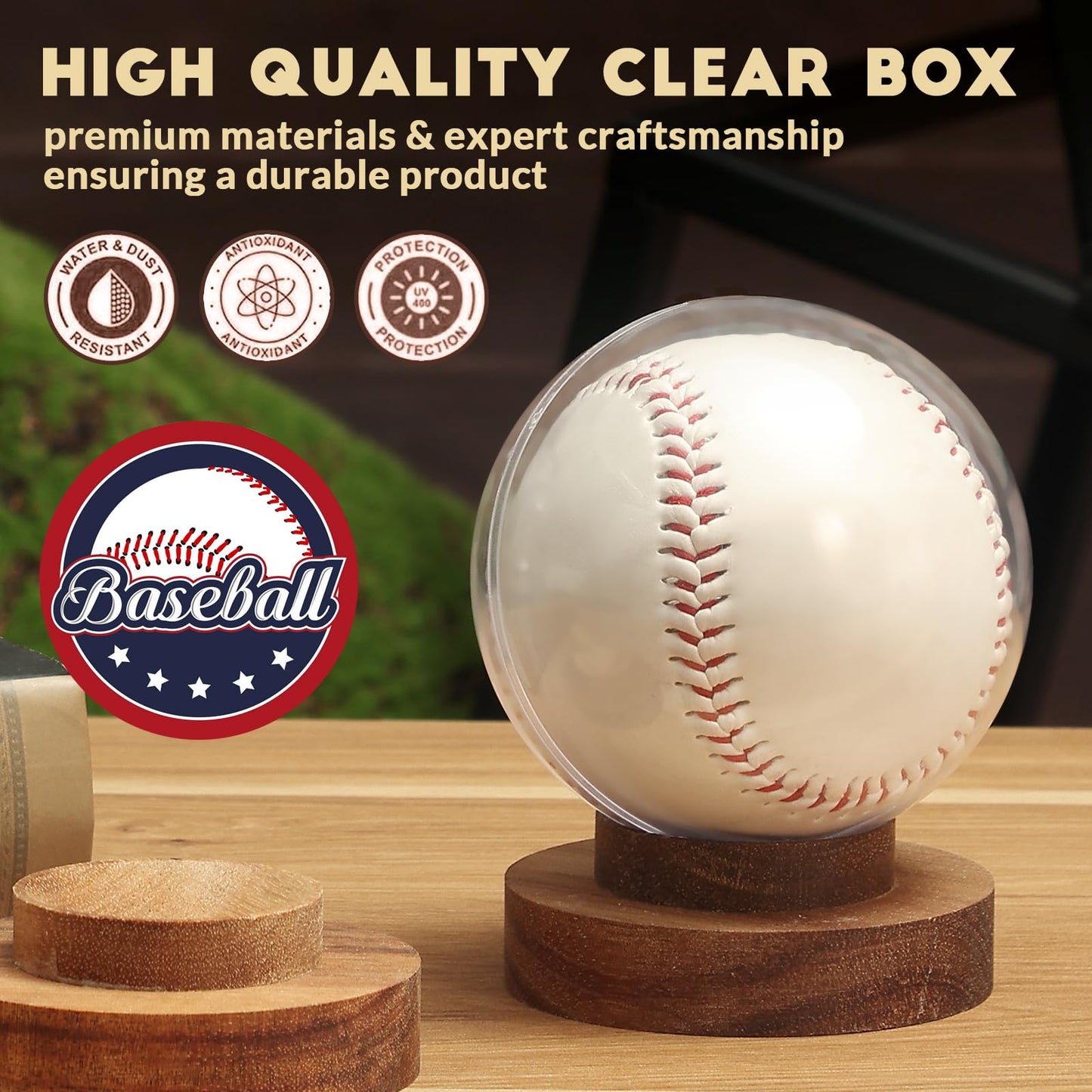 JupDec Baseball Display Case, Round Clear Ball Holder with Wooden Base, Autograph Baseball Stand Box for Single Ball, Acacia Wood, Brown
