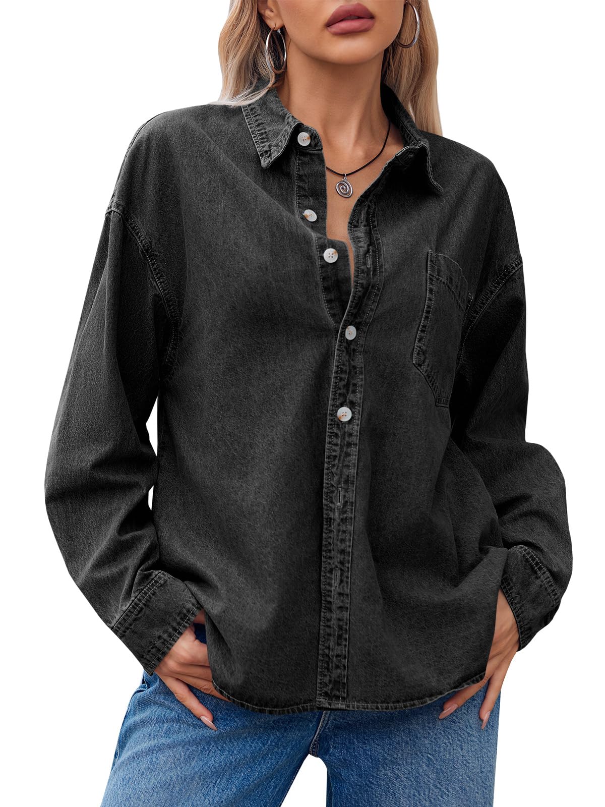 Cicy Bell Womens Oversized Denim Shirt Jean Jacket Button Down Shirts Long Sleeve Tops Trendy Shackets 2026 Spring Fashion Outfits Clothes Black