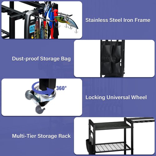 TC-HOMENY 16-Rod Fishing Rod Holder for Garage, Fishing Pole Rack Cart Fit All Fishing Rods, 3 Tier Fishing Tackle Storage Organizer Rack with Storage Bag, For Living Room