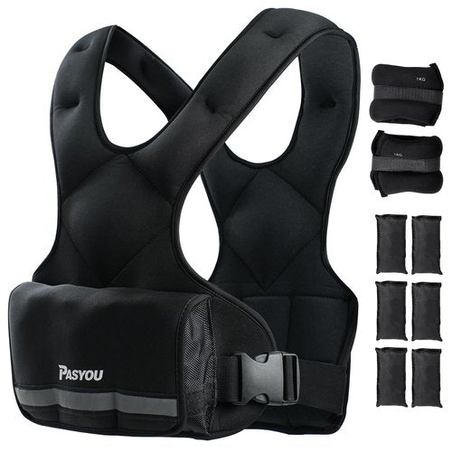 PASYOU Adjustable Weighted Vest 10LB-22LB with Reflective Strip Body Weight Vest with 6 Ironsand Weights 2 Ankle Weights for Men Women Running Weights Vest for Cardio Strength Training Walking Black